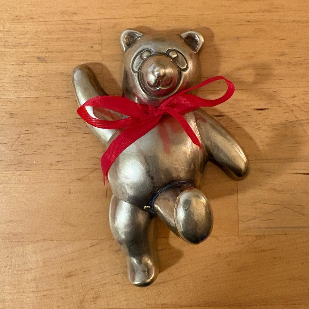 Vintage Brass Dancing Teddy Bear Wall Hook Clothes Coat Hanger Red Ribbon 5"